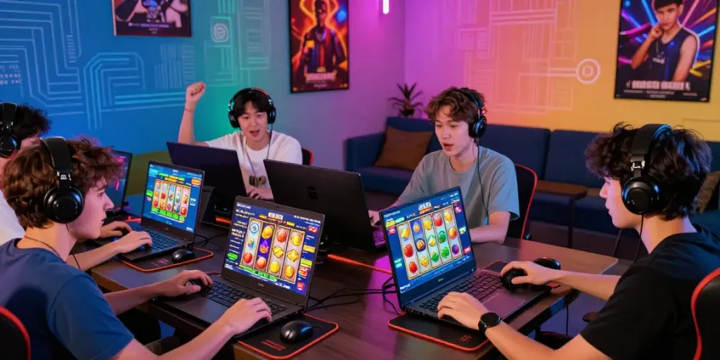 Players immersed in slot gacor games on multiple devices in a vibrant gaming zone.