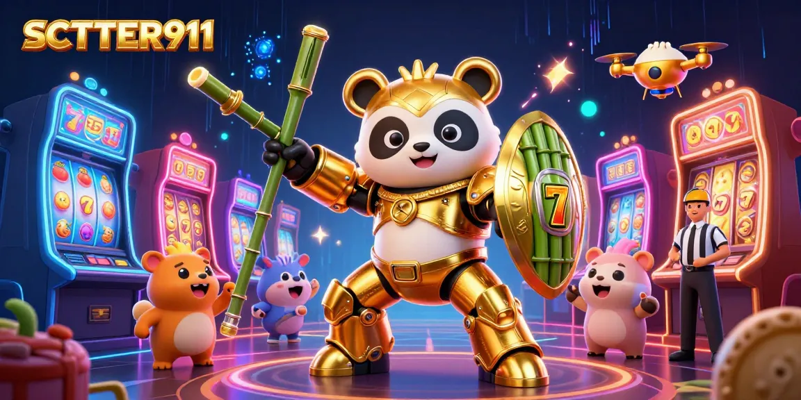 Engage with SCATTER911's dynamic casino illustration featuring vibrant slot machines and a mech-suit panda.