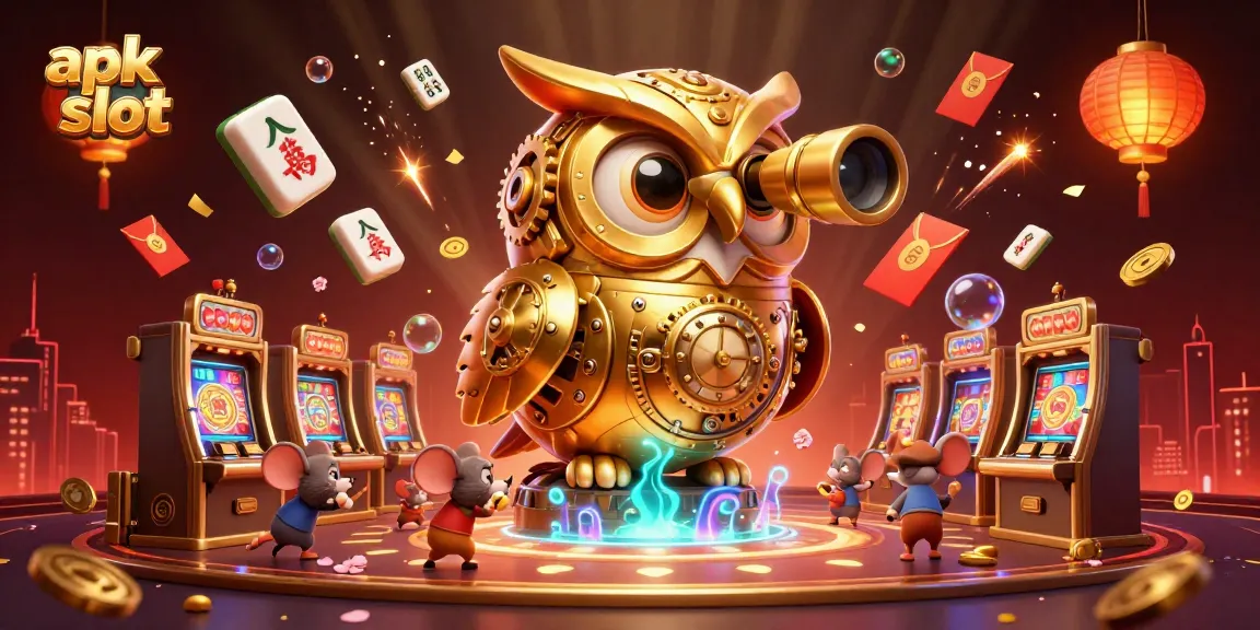 Mainkan apk slot dengan mesin slot yang berkilauan dan ikon keberuntungan lainnya dalam suasana kasino yang meriah.