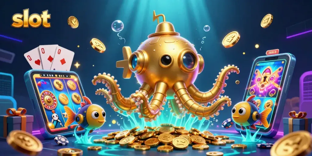 Menggendong slot dengan simbol keberuntungan di tengah lautan koin emas dan elemen kasino
