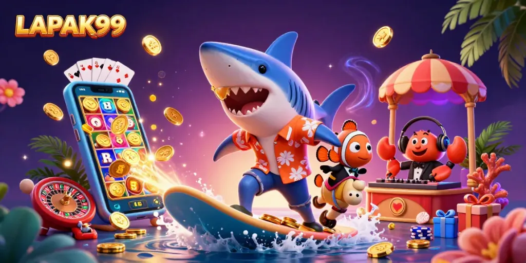 LAPAK99 showcases thrilling gameplay with vibrant casino characters and gold coins in a dynamic scene.
