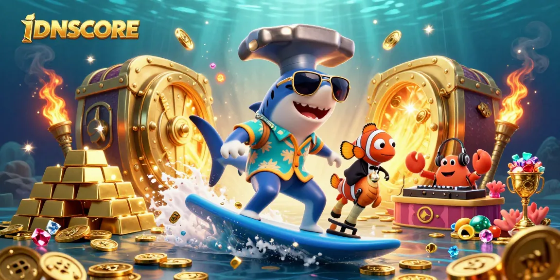 Experience IDNSCORE's thrilling gaming with a dynamic underwater scene featuring vibrant characters and treasures.
