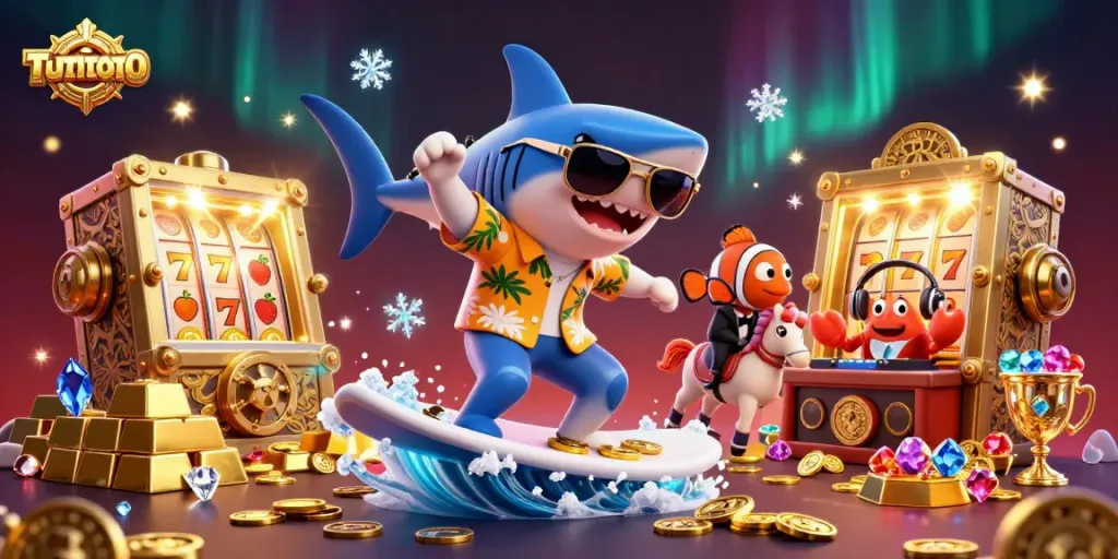 TUTITOTO offers vibrant 3D illustration featuring a hammer-head shark, clownfish, and crab DJ amidst casino games.