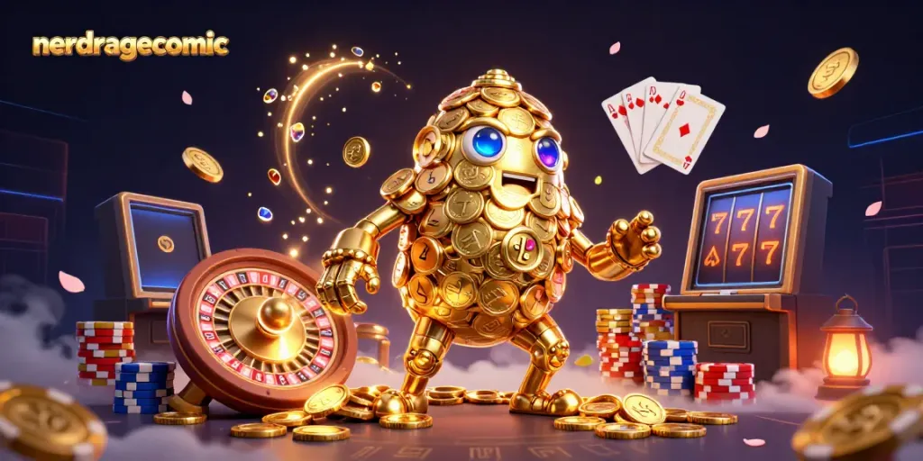 Gema kegembiraan saat membayar jackpot di nerdragecomic dengan karakter kartun 3D dan koin emas.