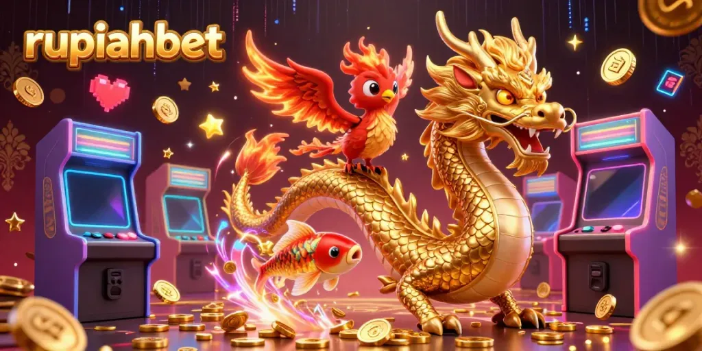 Experience thrilling gameplay with rupiahbet's vibrant casino scene featuring dynamic dragons and colorful gaming elements.