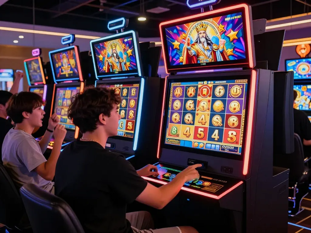 Excited gamers enjoy slot gacor experience in vibrant casino with Zeus theme.