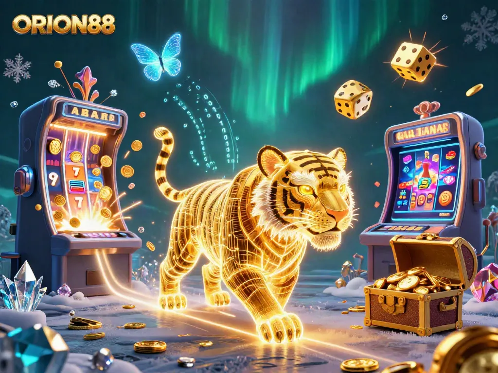Experience the thrill of ORION88 with vibrant casino elements and dynamic characters in a stunning 3D illustration.