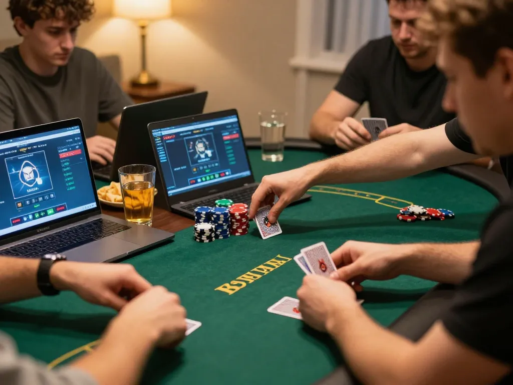 Permainan poker online HOKI368 di lingkungan rumah yang nyaman, menangkap permainan yang intens dan momen strategis.