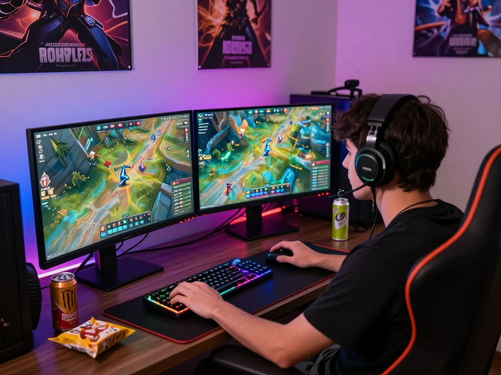 Gamer bermain dengan fokus pada game link slot dalam suasana kamar yang dinamis.