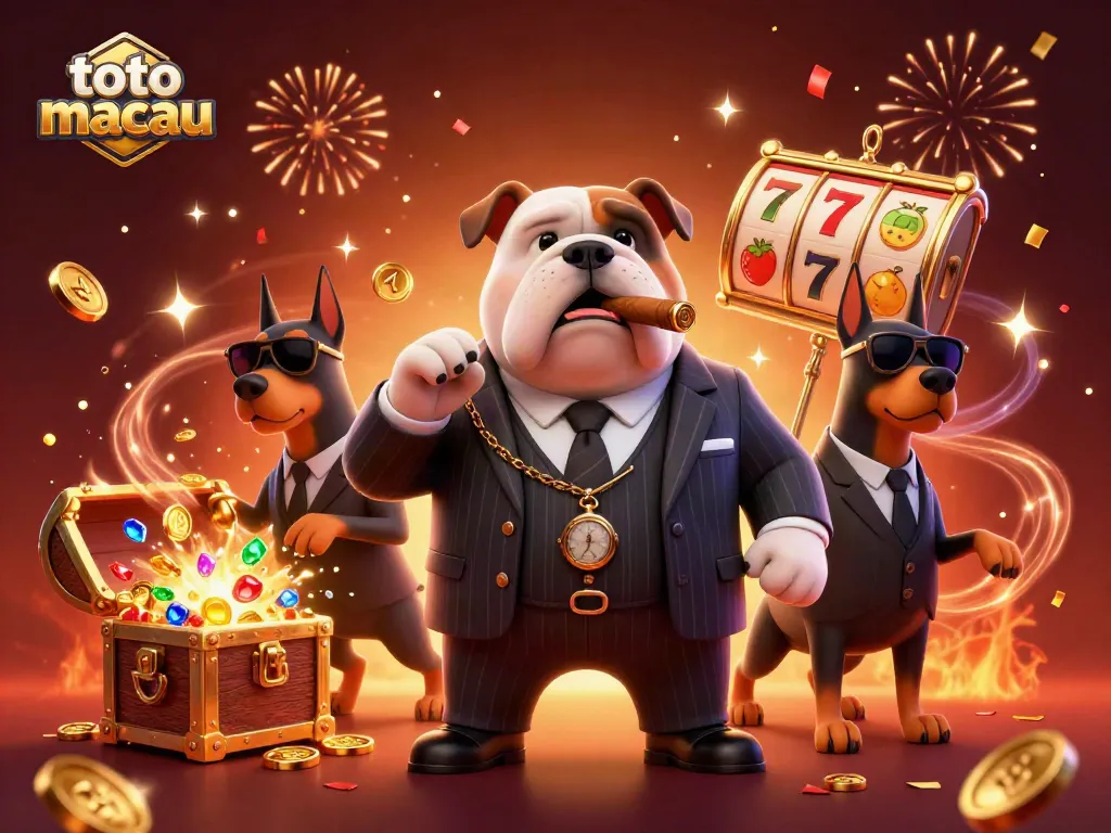 Menang di Toto Macau dengan karakter mafia menggigit cerutu di latar slot bertema kasino.