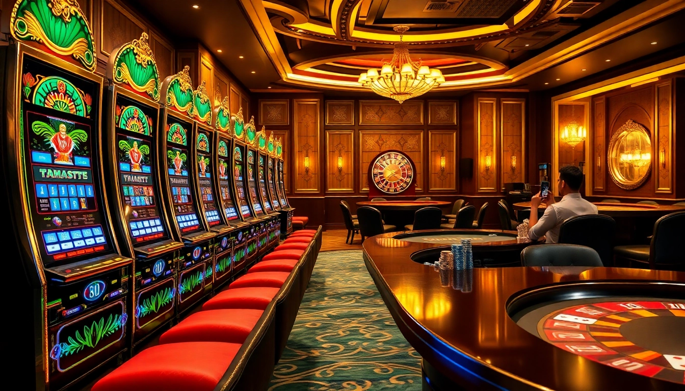 Kaisar888 slot scene with luxurious slot machines and vibrant casino ambiance