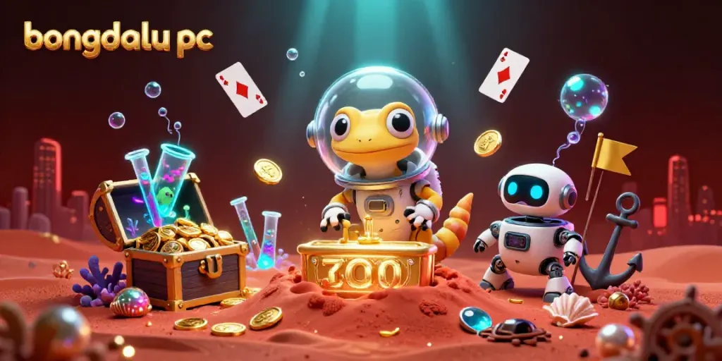 Experience bongdalu pc with vibrant 3D Martian gecko discovering a golden casino in a dynamic space scene.