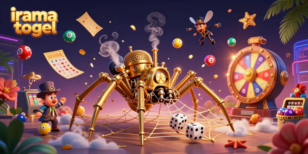Engage with irama togel's dynamic world featuring a whimsical spider and playful lottery elements.