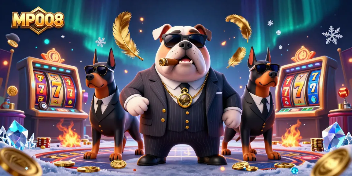 MPO08 delivers thrilling gaming excitement with a mafia mafia boss bulldog and Dobermans in a vibrant casino scene.
