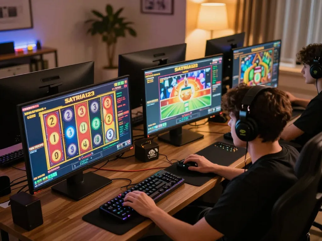 SATRIA123 player engaging with vibrant slot game interface in a competitive home gaming setup