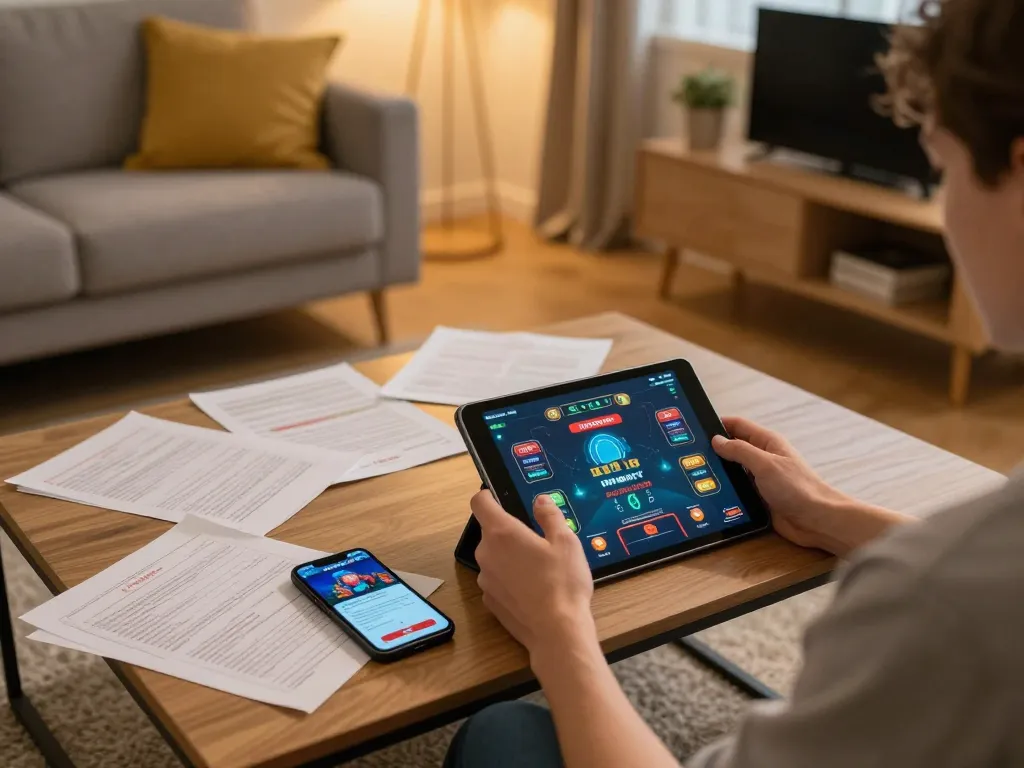 28bet user engaging in online gambling strategy with tablet and smartphone in cozy home setup.