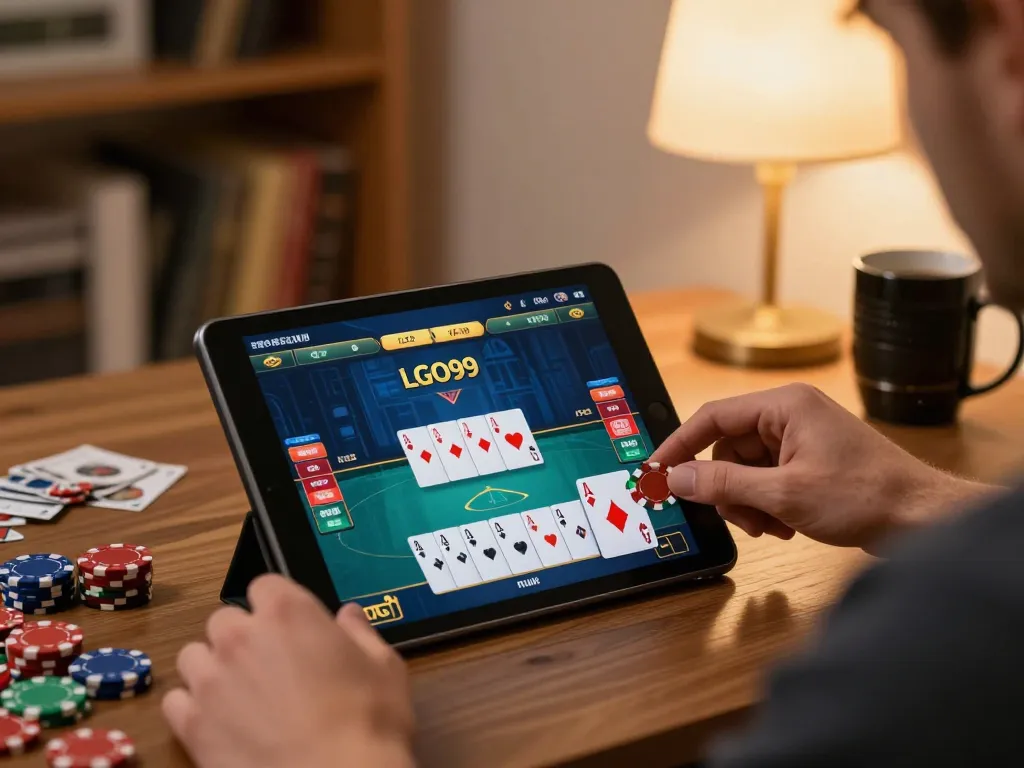 Player enjoying LGO99 poker game on tablet, showcasing strategic decision-making in a cozy home setting.