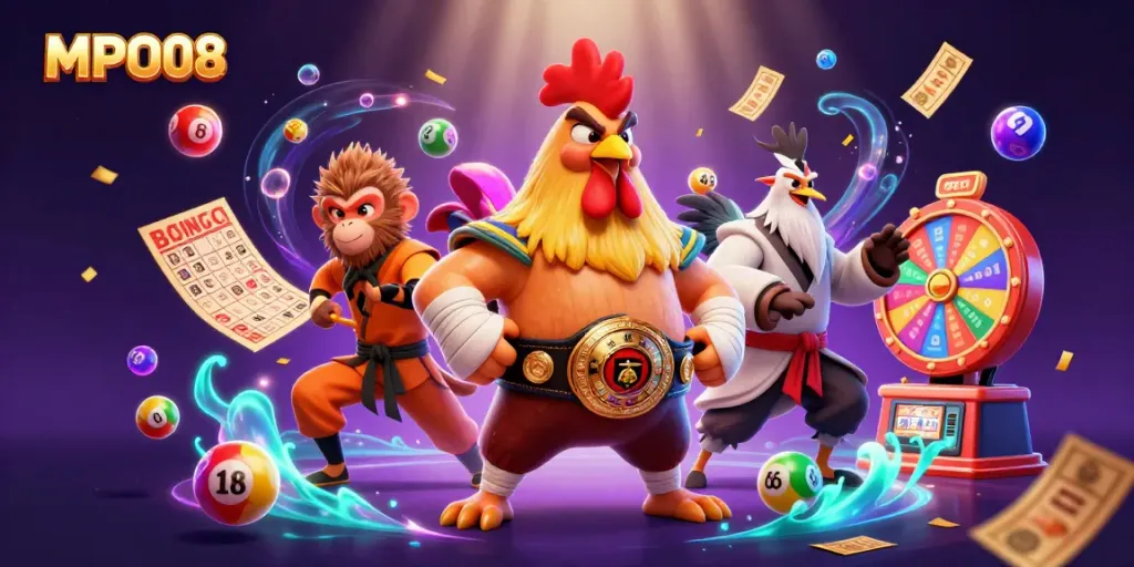 Engage with MPO08's vibrant lottery scene led by a Muay Thai rooster and a Shaolin monkey.
