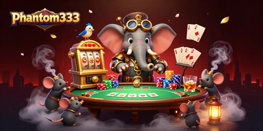 Experience thrilling gameplay with phantom333, featuring a steampunk elephant at a dynamite casino scene.