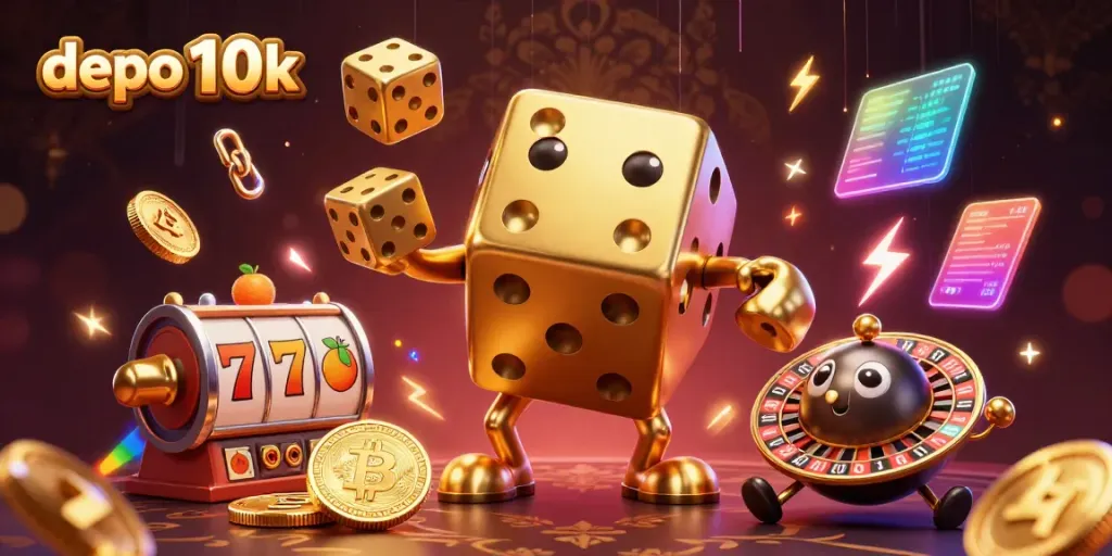 Gambarkan slot online dengan depo 10k, simbol buah, dan jackpot berkilauan.