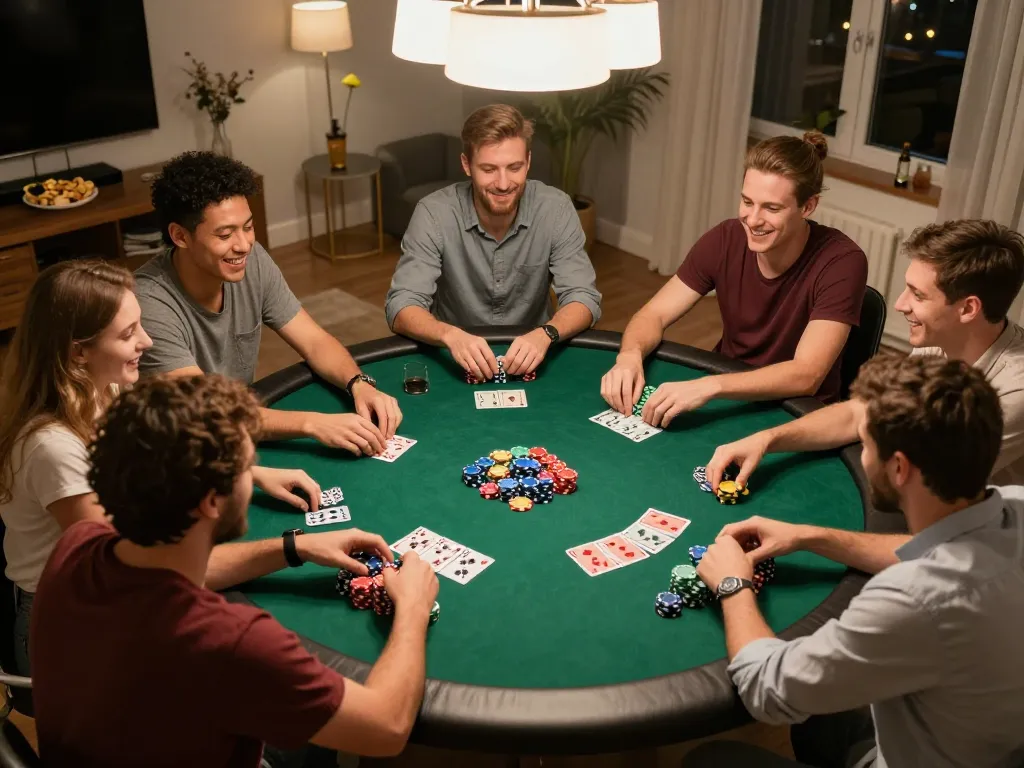 Friends engaged in a thrilling poker game night, showcasing Fun88 strategies and entertaining moments.