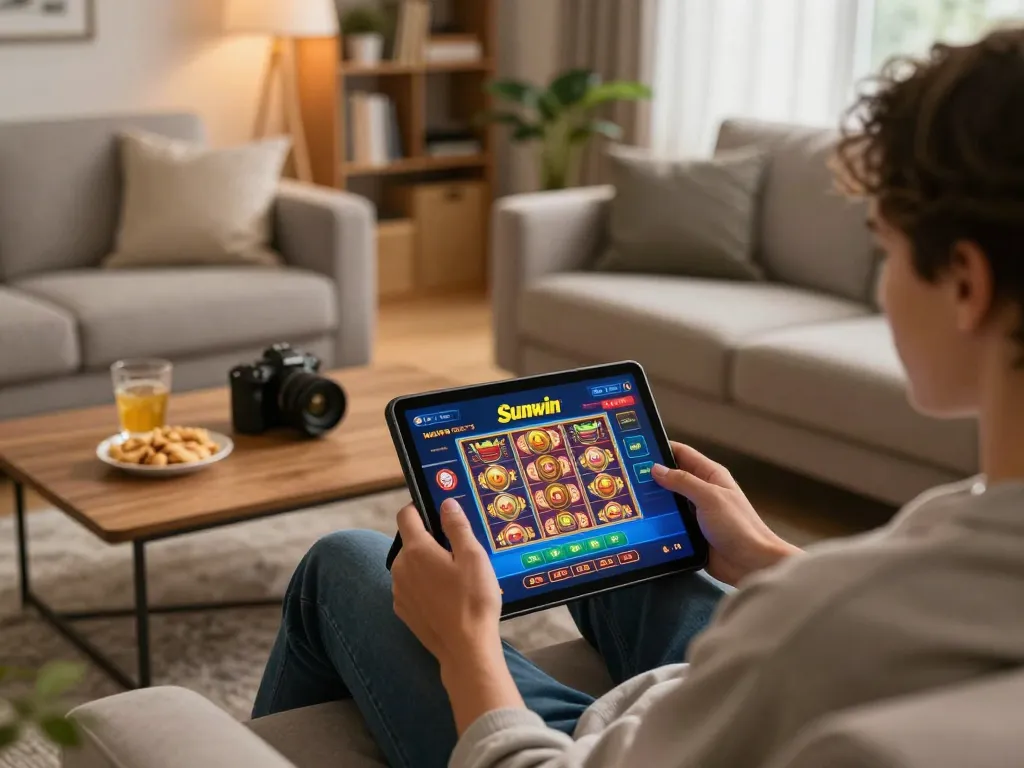 Sunwin player enjoying online slots on a comfortable sofa in a cozy living room setting.
