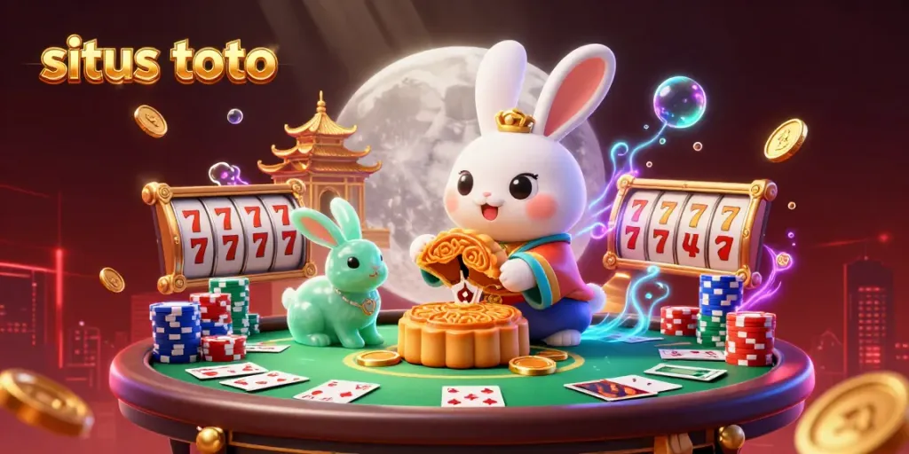 Engage in thrilling games at situs toto with a vibrant 3D illustration of a moon rabbit enjoying casino luck.