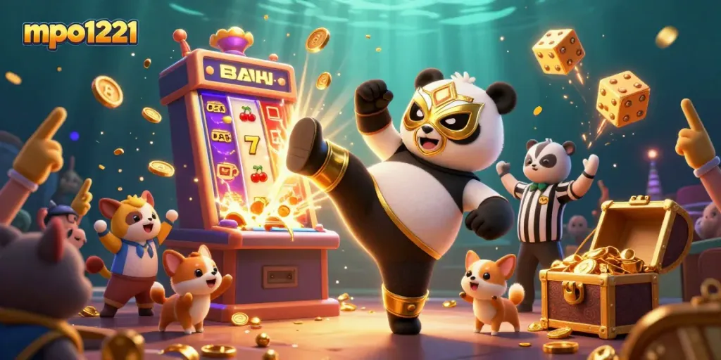 Menangkan jackpot di mpo1221 dengan karakter panda pegulat dan mesin slot berwarna-warni.