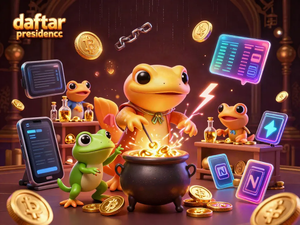 Experience gameplay excitement with daftar presidencc amidst golden coins and crypto elements.