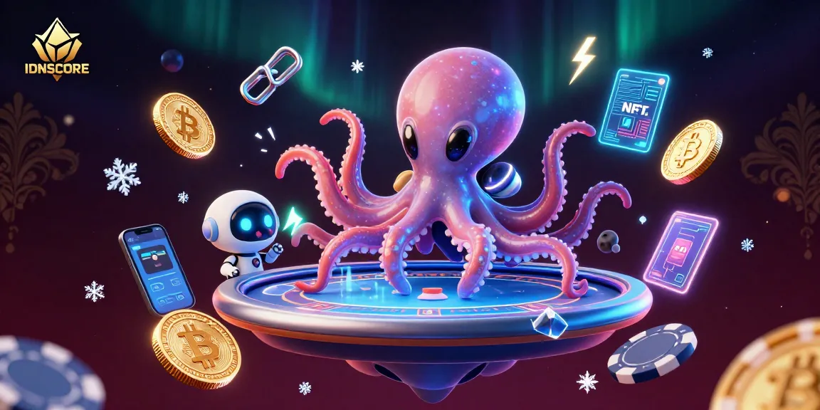 IDNSCORE showcases an excited octopus playing poker with crypto coins in a dynamic 3D scene