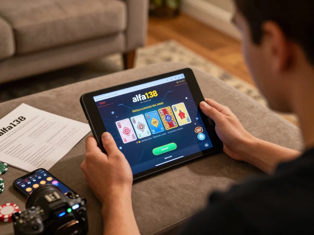 Pemain yang terlibat menggunakan platform alfa138 untuk permainan kasino online di tablet, dikelilingi oleh catatan strategi dan suasana yang nyaman.