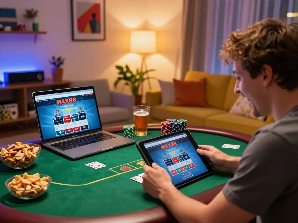 Person engaging with MAX88 online poker interface on tablet, surrounded by bright home decor and snacks.
