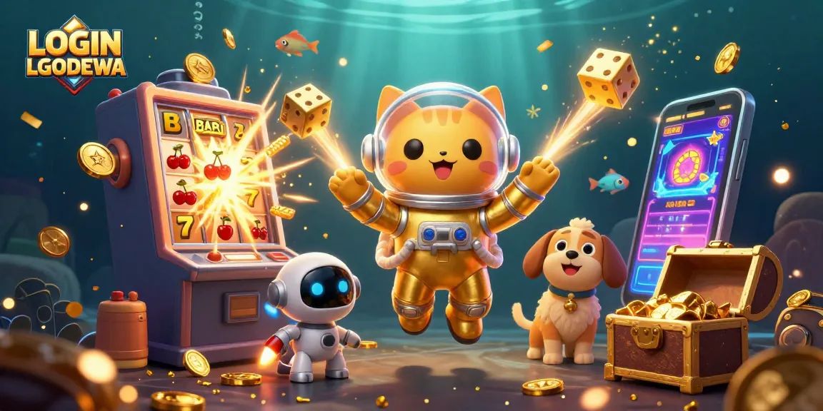 Experience gambling thrills as LOGIN LGODEWA unlocks dazzling slot winnings in a cosmic scene.