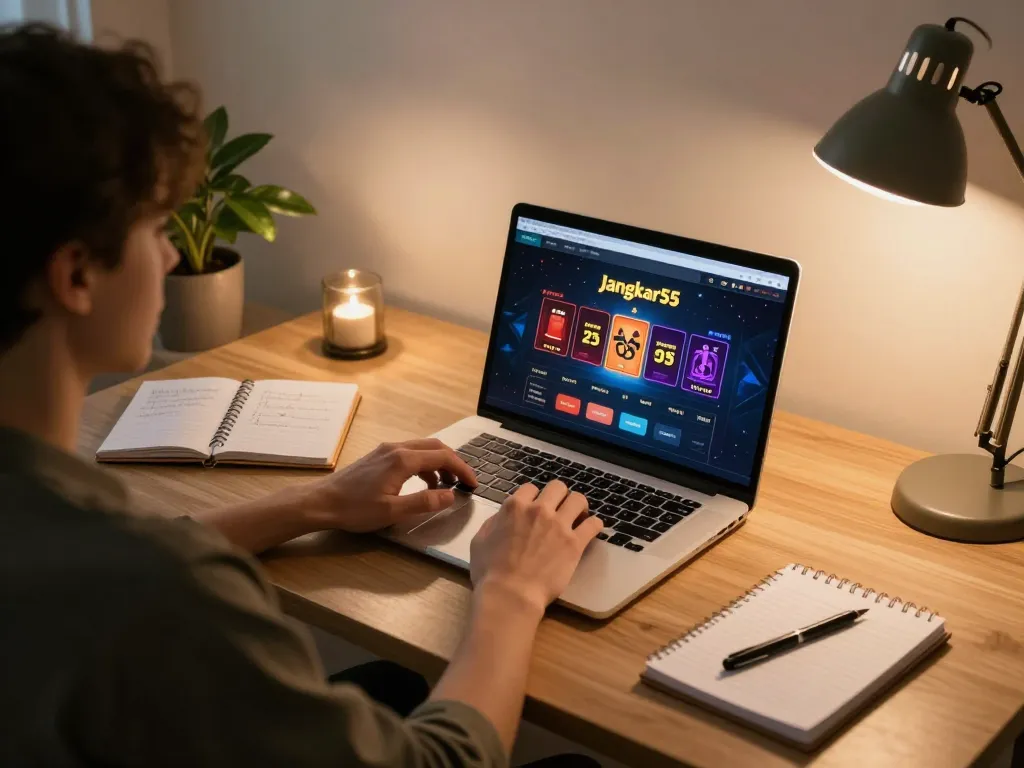 Engaging player using jangkar55 online casino interface on a laptop in a cozy home office.