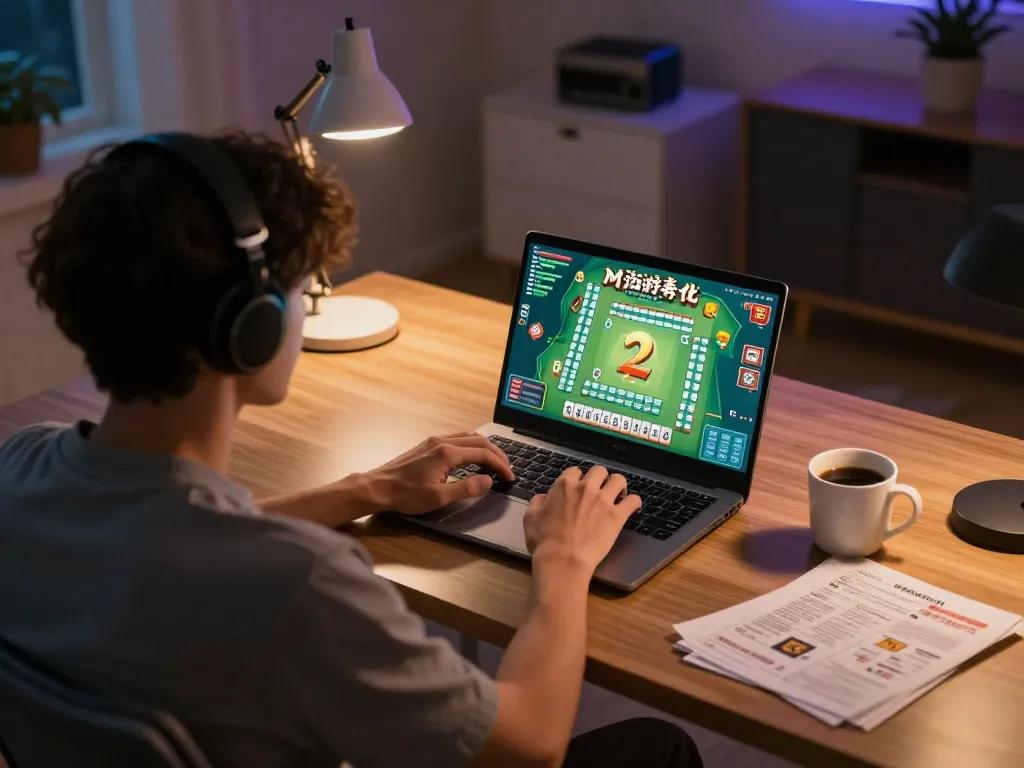 Pemain terlibat dalam sesi strategi mahjong ways 2 pola menang malam di rumah dengan laptop dan catatan.