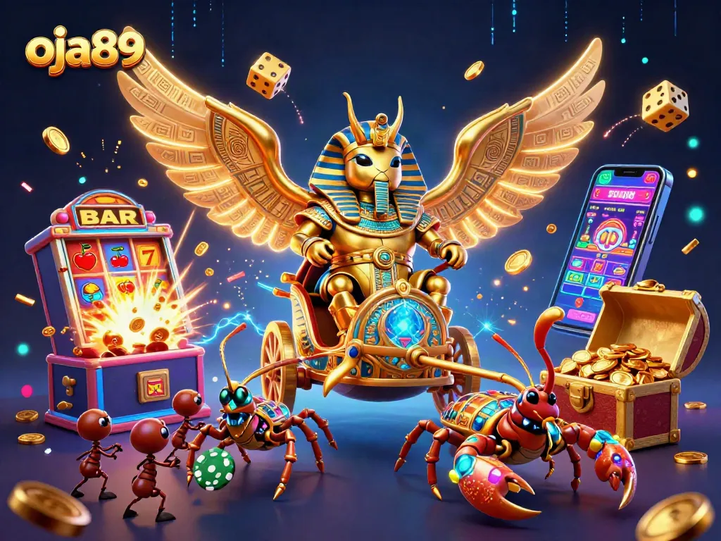 Permainan oja89 yang menampilkan scarab emas dan elemen judi menarik lainnya.