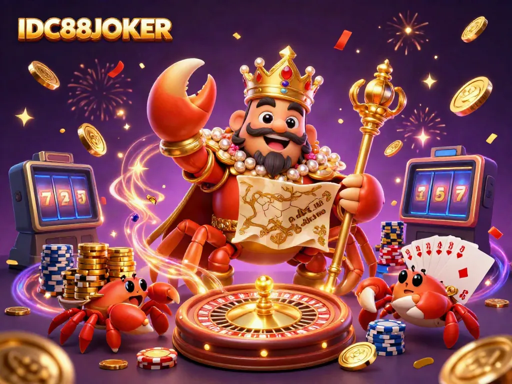 Experience thrilling gaming with IDC88JOKER's golden crab emperor surrounded by exciting casino elements.