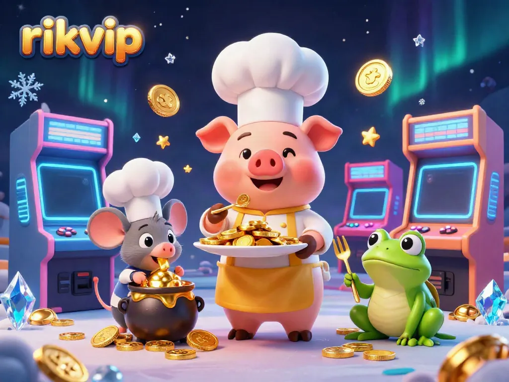 Experience gaming cheer with rikvip's vibrant casino scene featuring a chef pig, mouse, and frog.