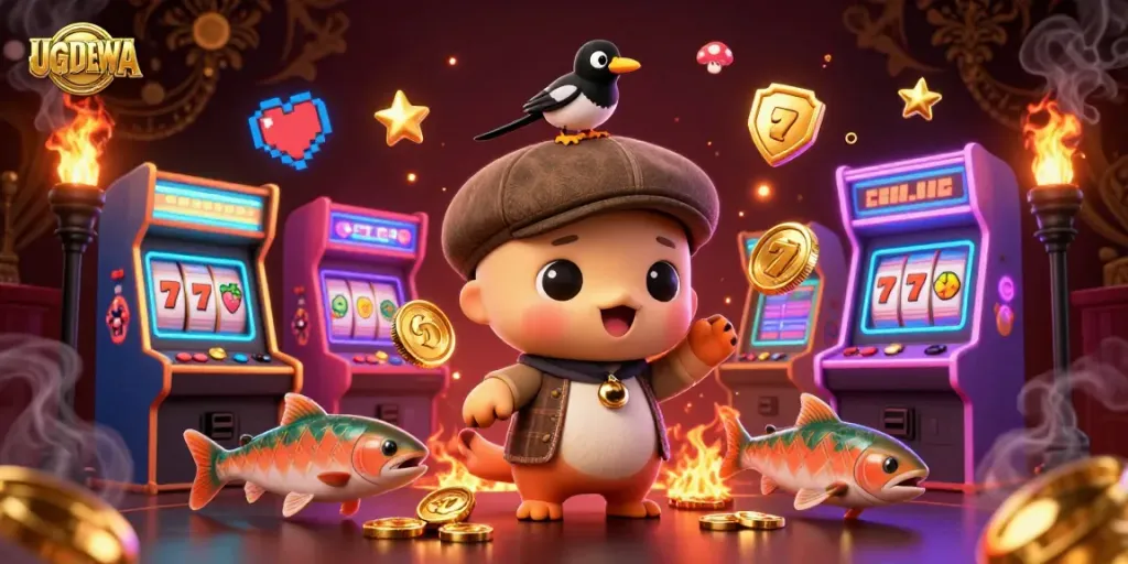 Experience the vibrant world of UGDEWA with colorful slot machines and playful creatures.