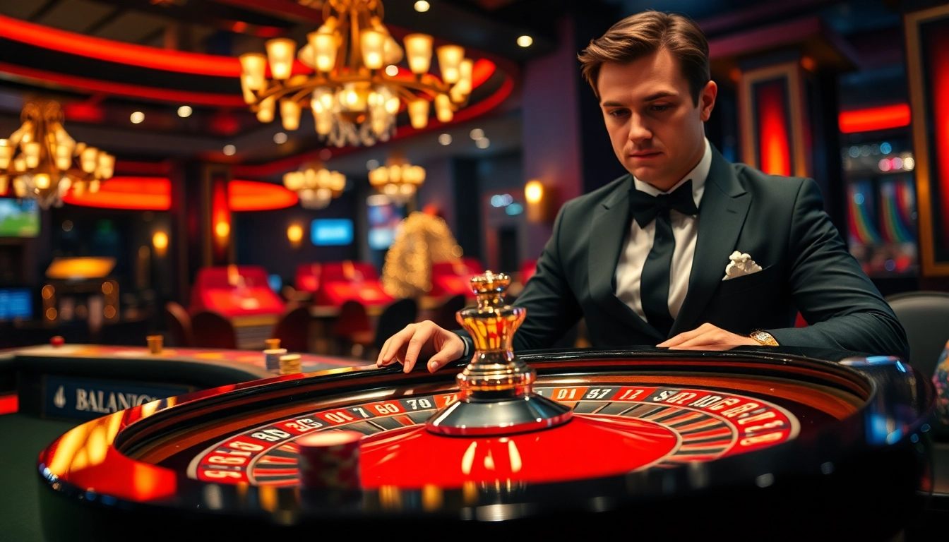 toko56 menampilkan dealer kasino profesional di meja roulette yang glamor.