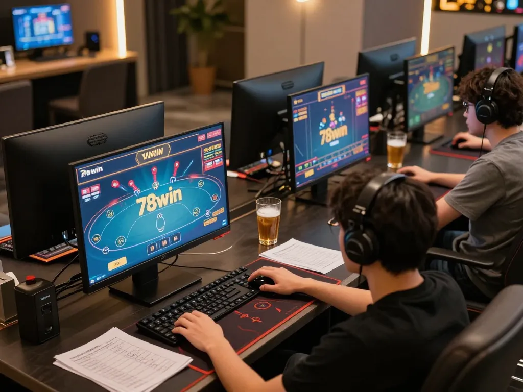 Exciting online gaming moment at 78win with multiple screens showing slots and poker action
