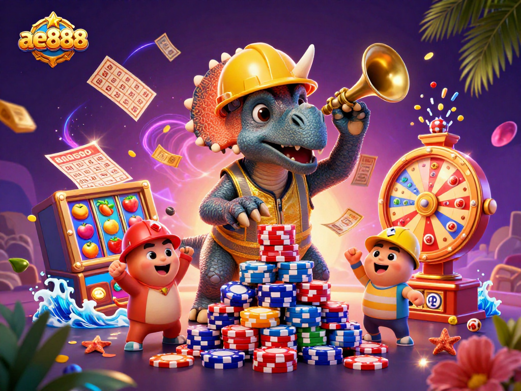 Experience excitement with ae888 as a triceratops builds poker chips, surrounded by slot games fun.