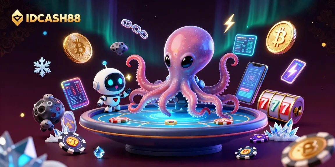 Play slots with IDCASH88 in an exciting cosmic scene featuring an alien octopus and poker elements.