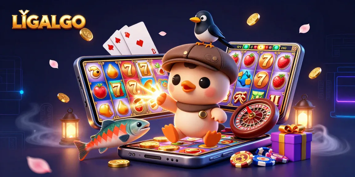 LIGALGO showcases an engaging scene of animated characters celebrating fun slots and games.