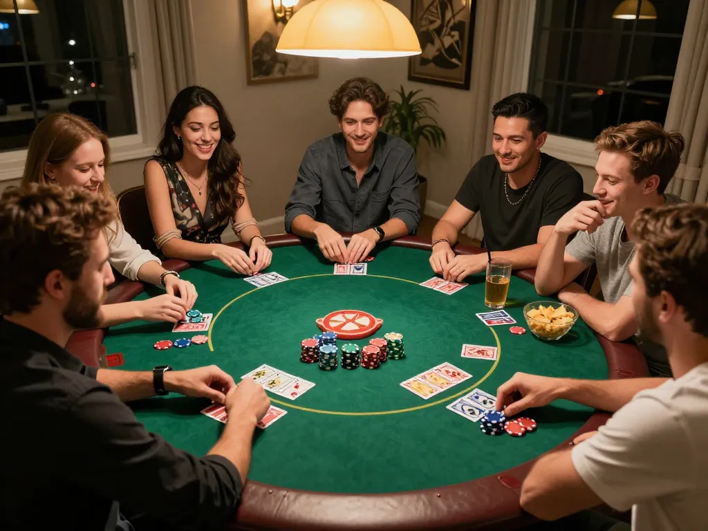 IDNSCORE players strategizing in an engaging Texas Hold'em home poker night scene, showcasing vibrant chips and community cards.