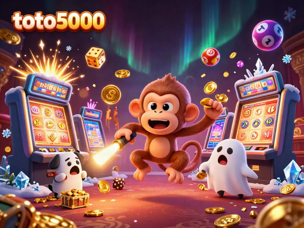 Experience the thrilling excitement of toto5000 lottery with characters and vibrant casino elements.