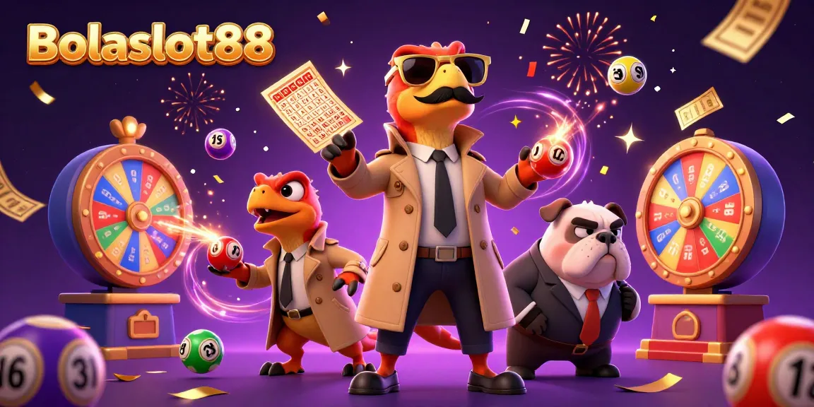 Bolaslot88 raptors in a trench coat attempting VIP casino access, vibrant lottery elements surrounding them.