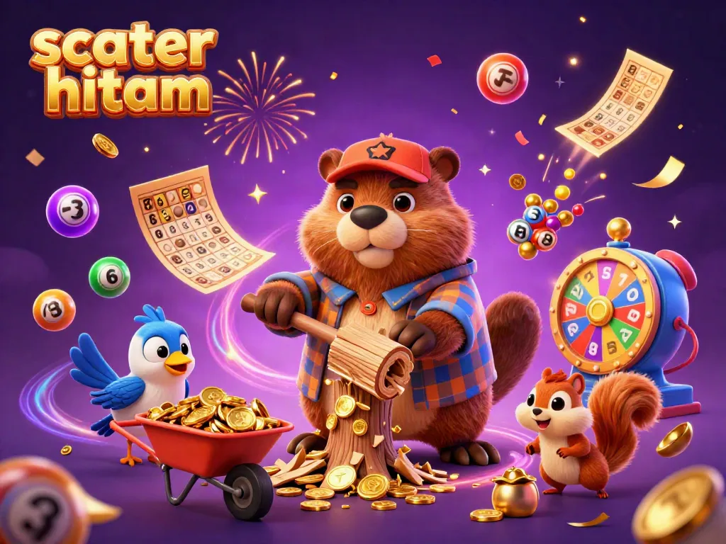 Grafik menarik dengan tema scatter hitam di mana berang-berang dan teman-temannya mengumpulkan koin emas.