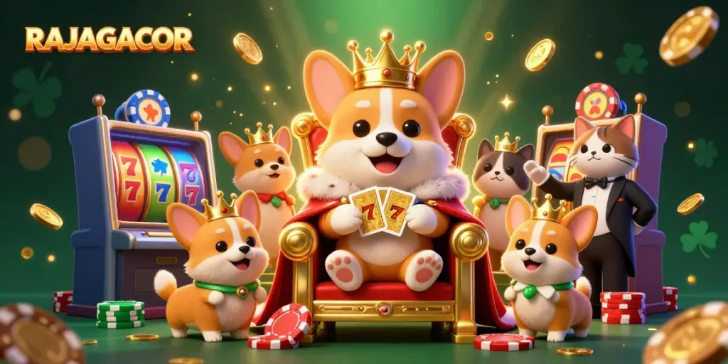 RAJAGACOR menghadirkan ilustrasi kasino dengan corgi kerajaan dan elemen slot yang berkilauan.