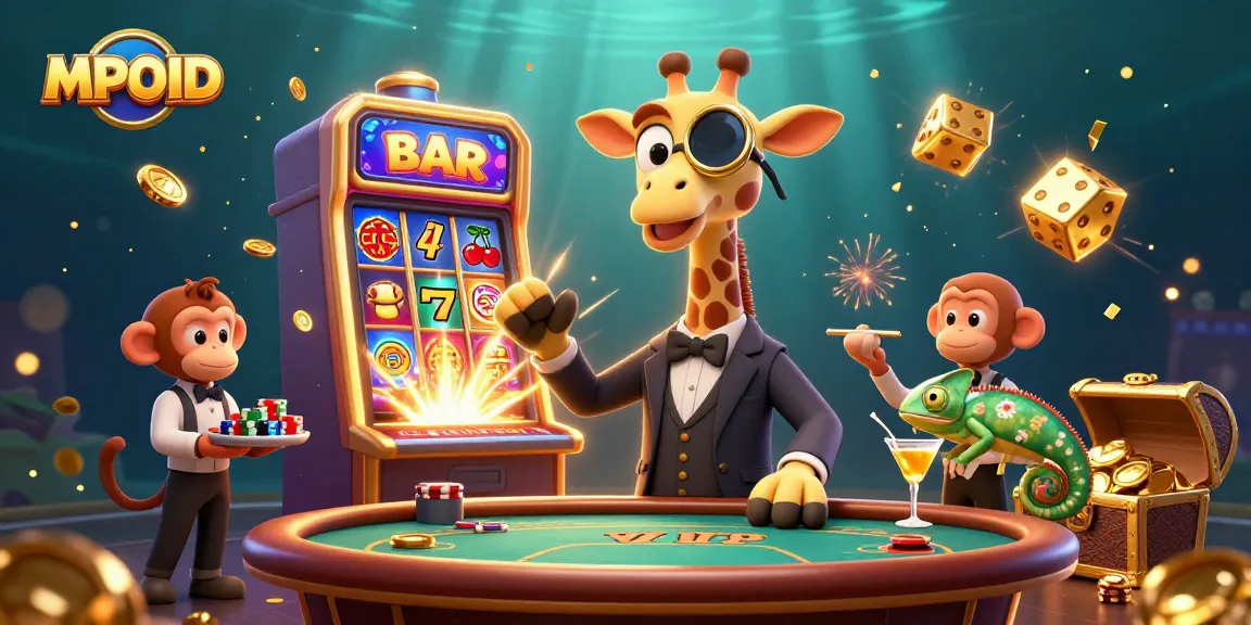Experience winning with MPOID at the exciting slot machines and poker tables in a vibrant casino-themed scene.